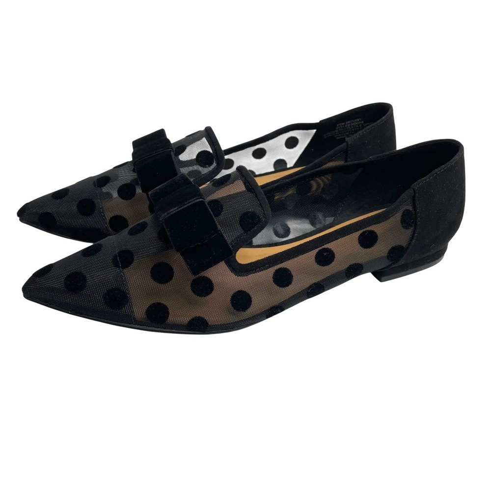 J. Crew Mesh Polka Dot Black Flats Loafers Size 8 velvet bow Pointed Coquette - Picture 2 of 8